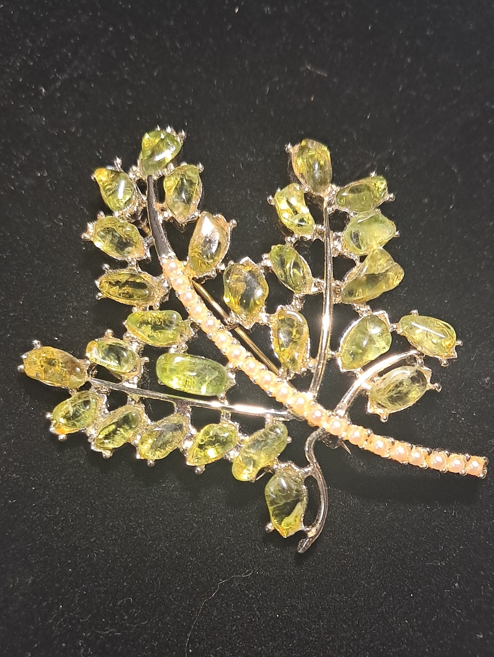 Olivine & Goldtone Brooch w/ Faux Pearls